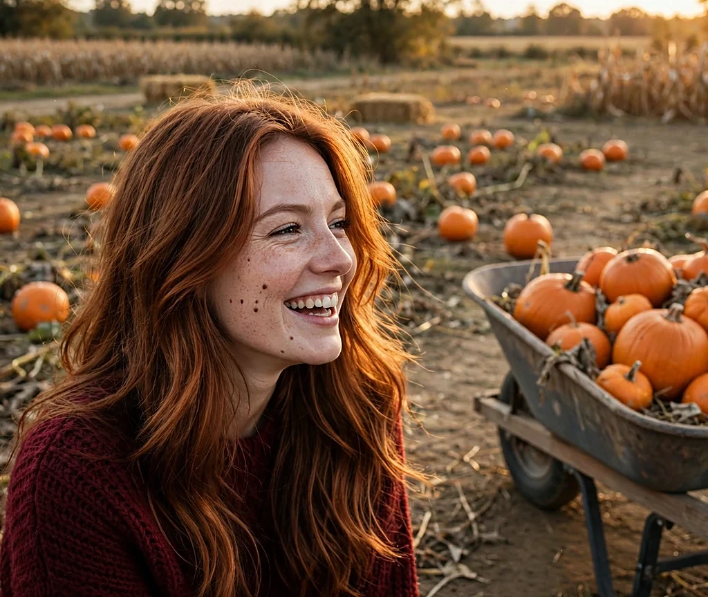 Woman with sienna spice layered hair in a pumpkin patch