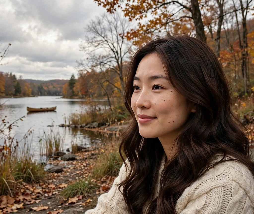Woman with chocolate fondue wavy hair by an autumn lake