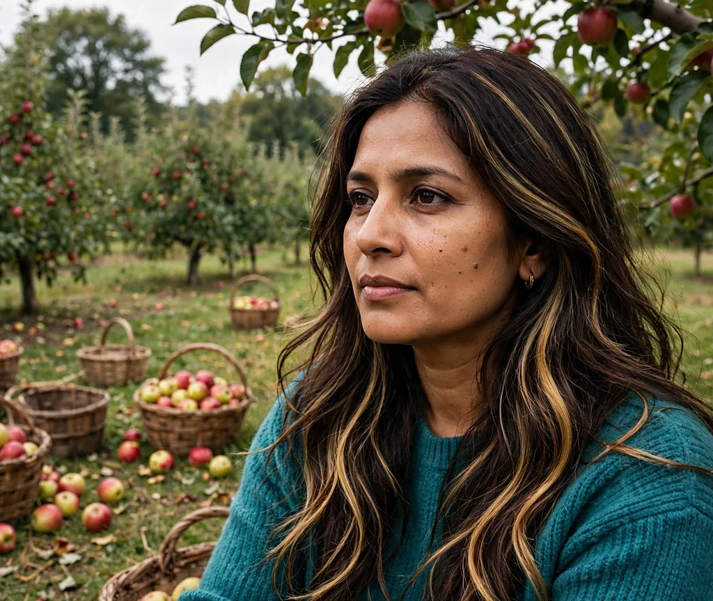 Woman with harvest gold highlights in an apple orchard