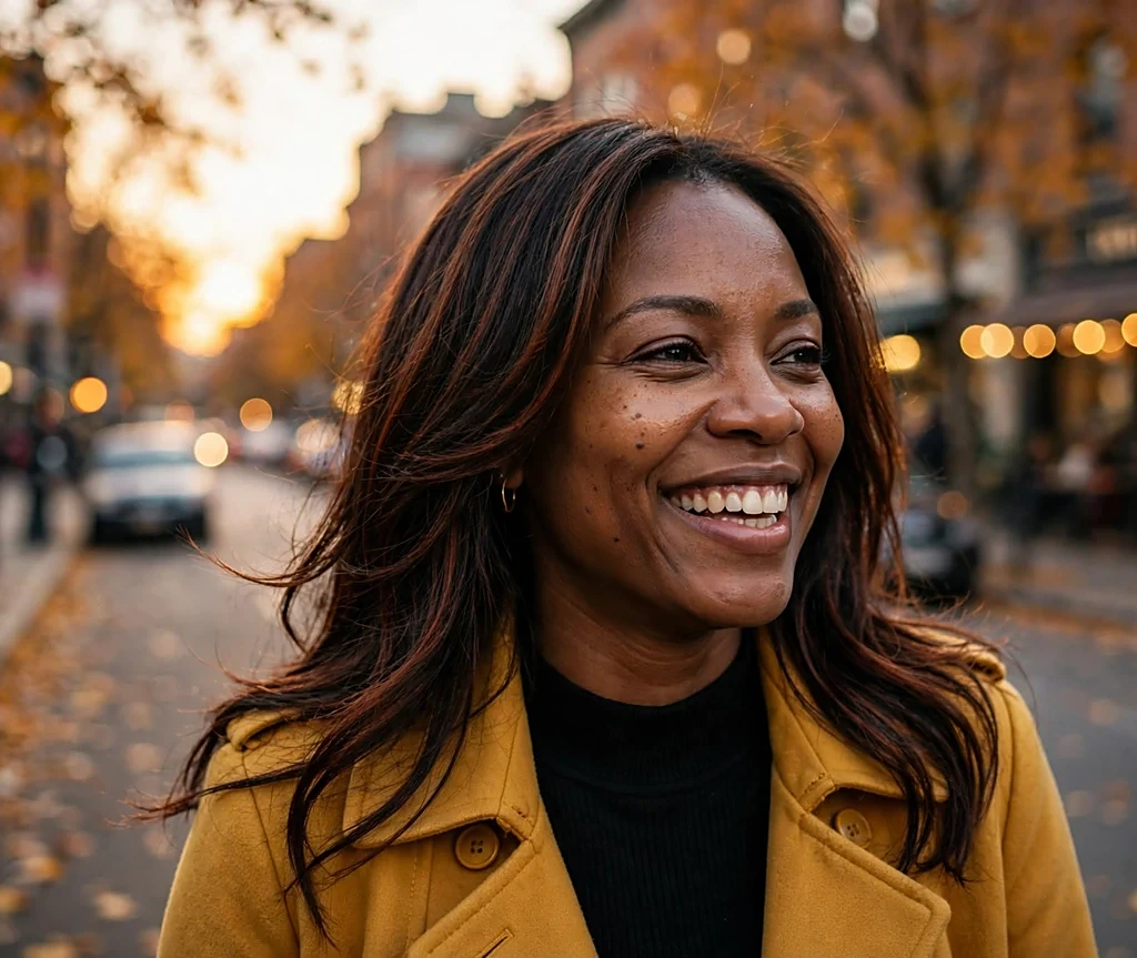 Woman with warm cola brown layered hair on a city street at sunset