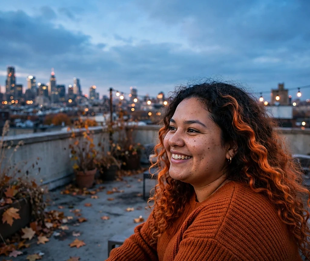 Woman with autumn ember melt hair color on a rooftop at dusk