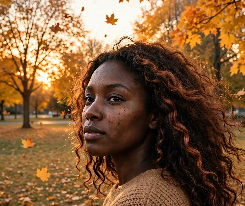 Black woman with voluminous copper-highlighted curls in a camel knit sweater, standing in a golden autumn park