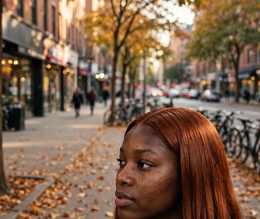 Black woman with sleek copper silk-pressed shoulder-length hair, wearing a burgundy blazer on a leaf-covered city sidewalk