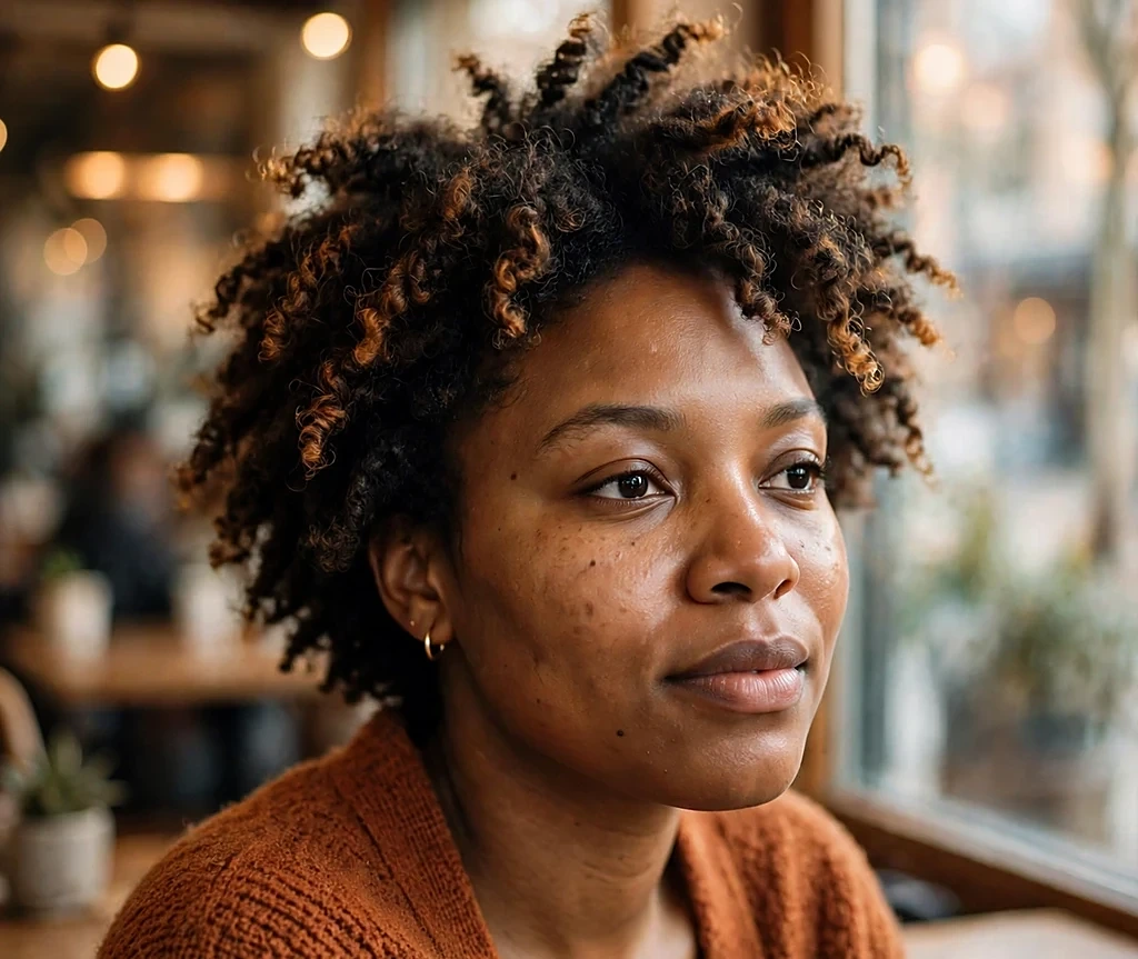 Black woman with a defined amber-highlighted twist-out afro, wearing a rust cardigan in a cozy cafe