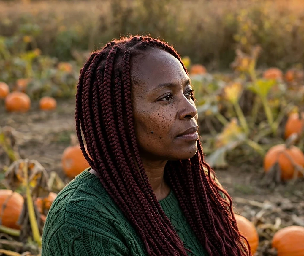 Black woman with long burgundy box braids over one shoulder, wearing a forest-green knit dress in a pumpkin patch