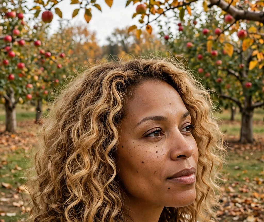 Black woman with honey blonde bouncy curls, wearing a cream cable-knit sweater in an autumn apple orchard