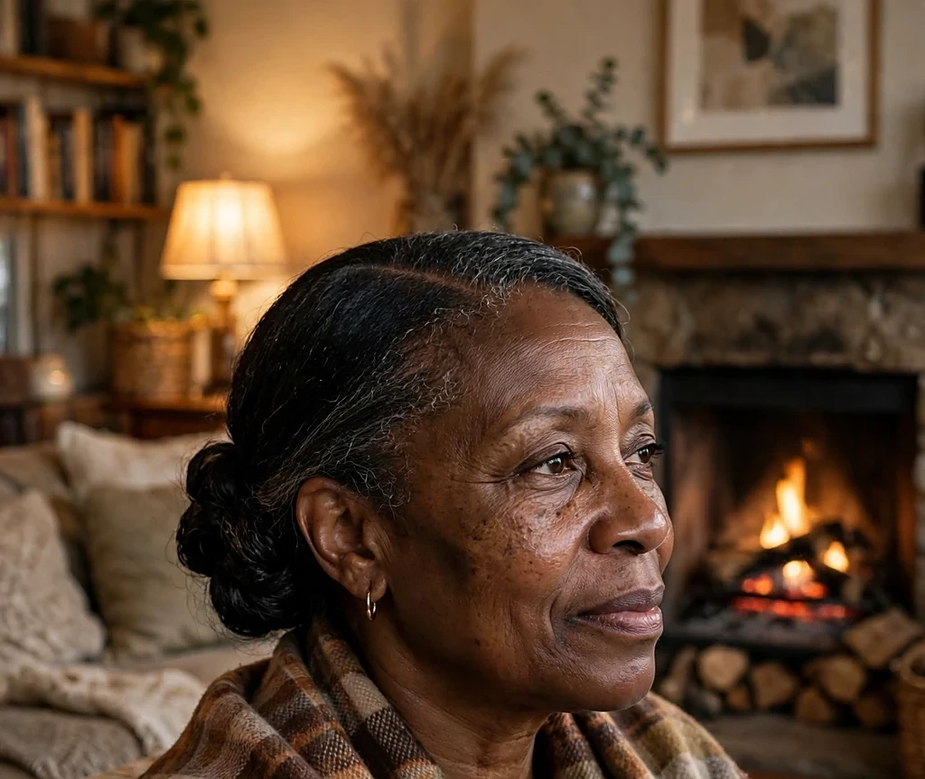 Black woman with an elegant low bun and side part, wearing a plaid shawl in a fireside living room
