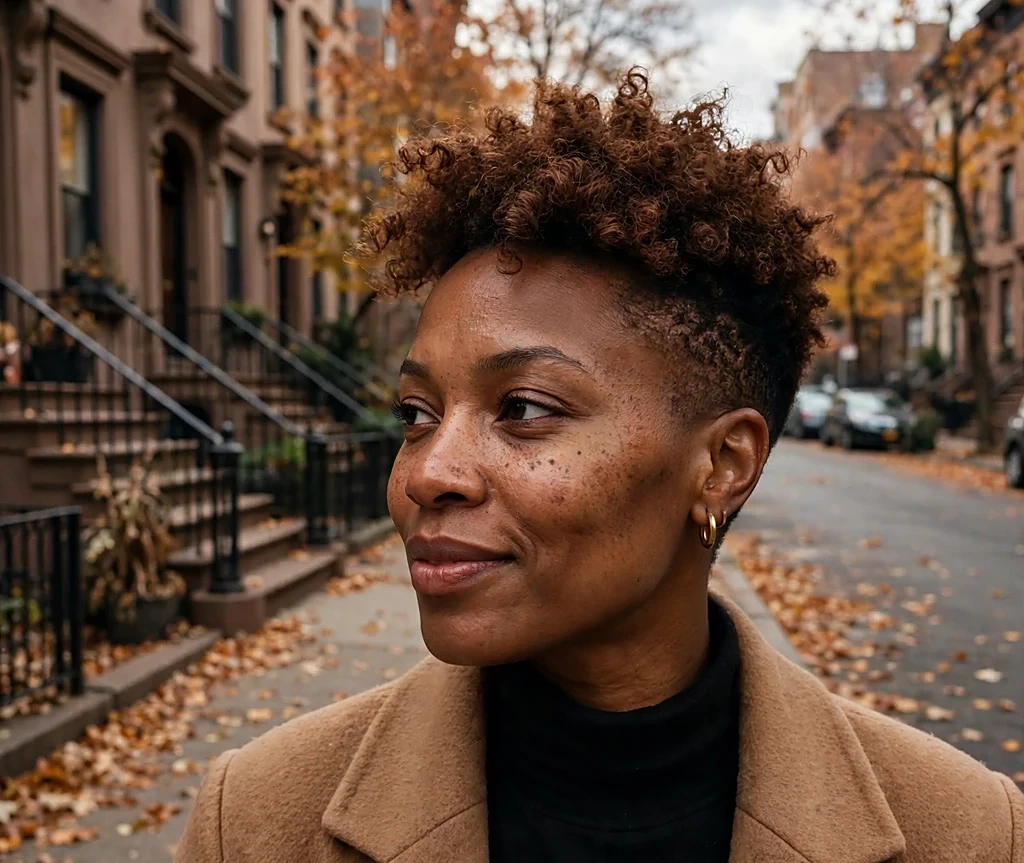 Black woman with a chestnut tapered cut with full curls on top, wearing a camel wool coat on an autumn street