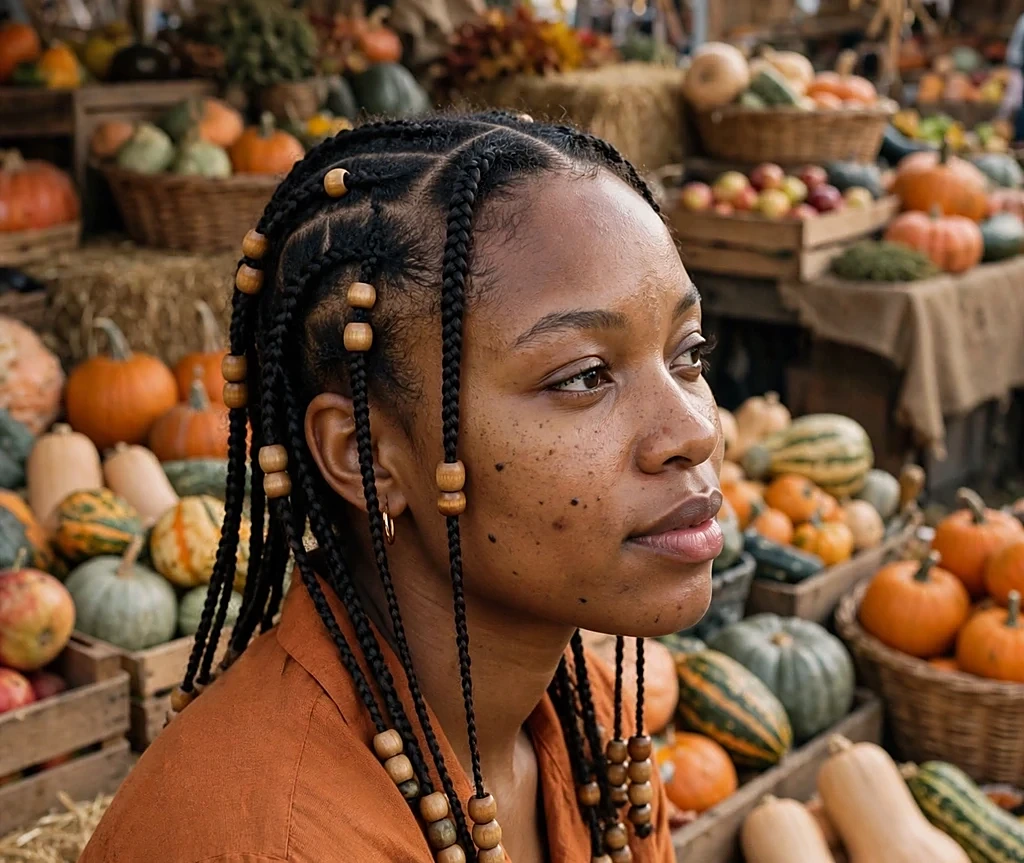 Black woman with maple-beaded Fulani braids, wearing a burnt-orange blouse at a harvest market