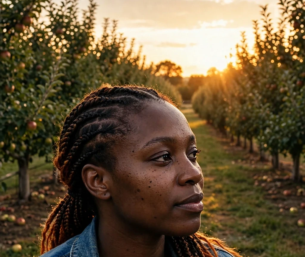 Black woman with cornrows fading into pumpkin-spice ombre ends, wearing a denim jacket in an apple orchard