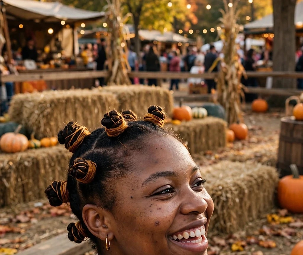 Black woman with neat bantu knots wrapped in amber thread, wearing mustard overalls at a fall festival