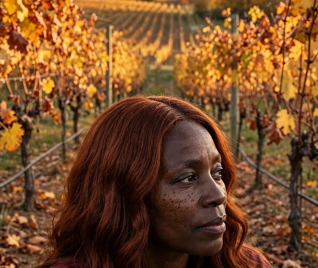 Black woman with long rich auburn wavy wig, wearing a wine-colored blouse in an autumn vineyard