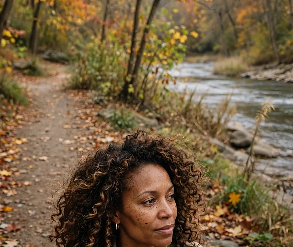 Black woman with voluminous curls featuring caramel balayage, wearing a beige trench coat on a riverside fall trail