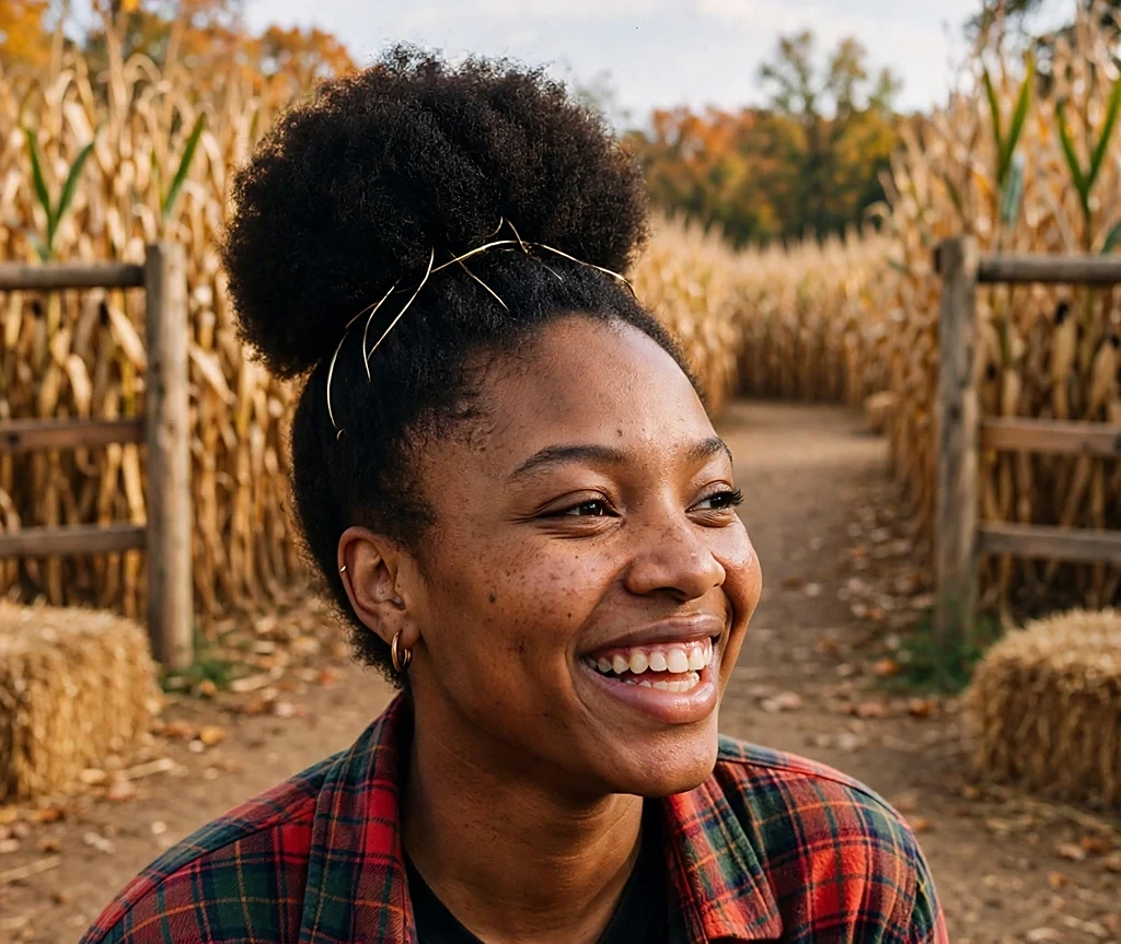 Black woman with a high rounded puff accented with gold cuffs, wearing a plaid flannel shirt at a corn maze