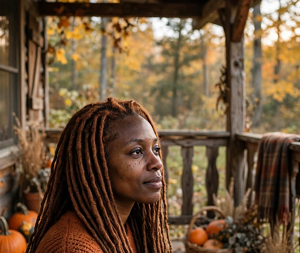 Black woman with cinnamon-toned faux locs, wearing a rust knit sweater on a cozy cabin porch