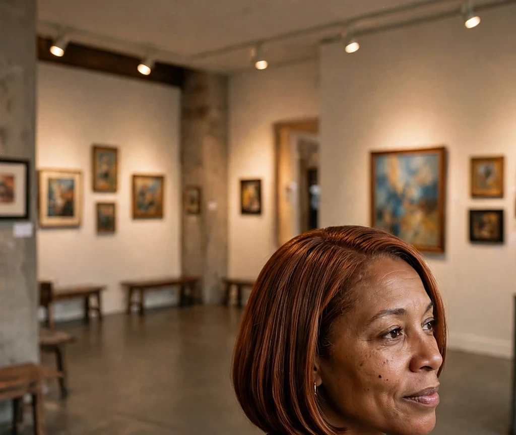 Black woman with a sleek chin-length bob with copper sheen, wearing a charcoal blazer in a warm art gallery