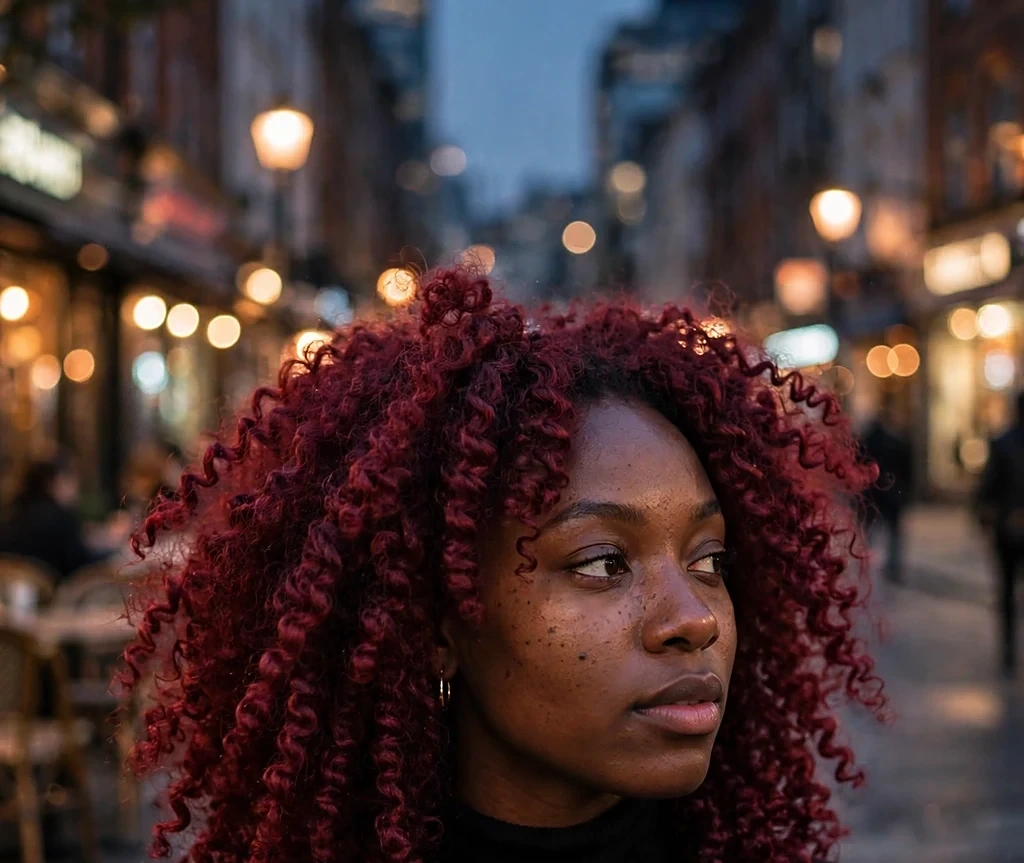 Black woman with voluminous cranberry crochet curls, wearing a black turtleneck on an evening city street