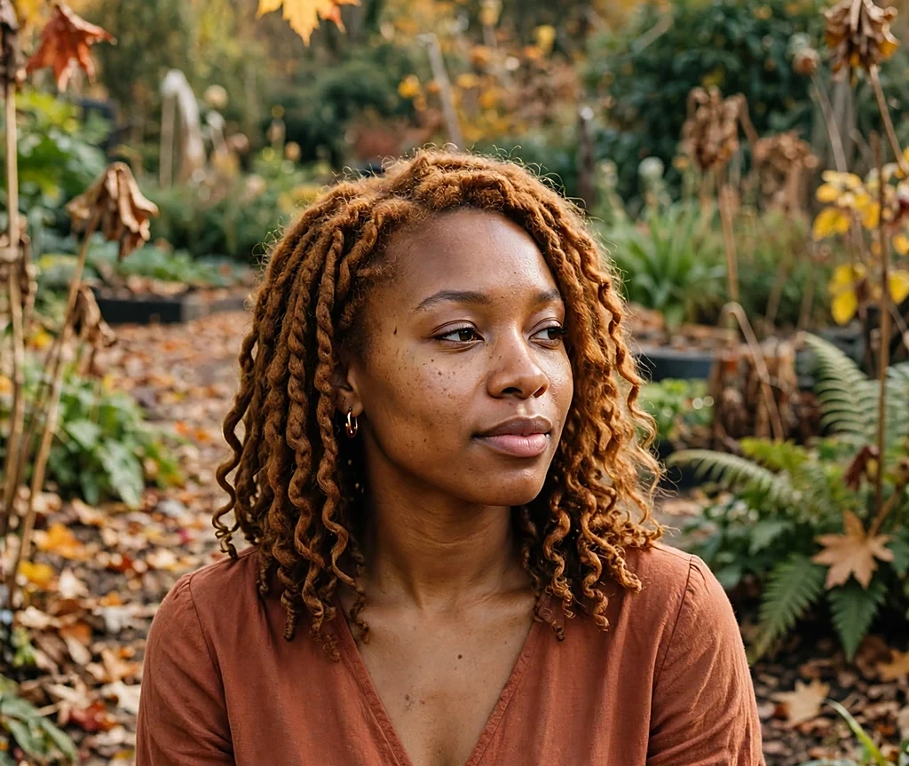 Black woman with shoulder-length amber passion twists, wearing a terracotta wrap dress in an autumn botanical garden