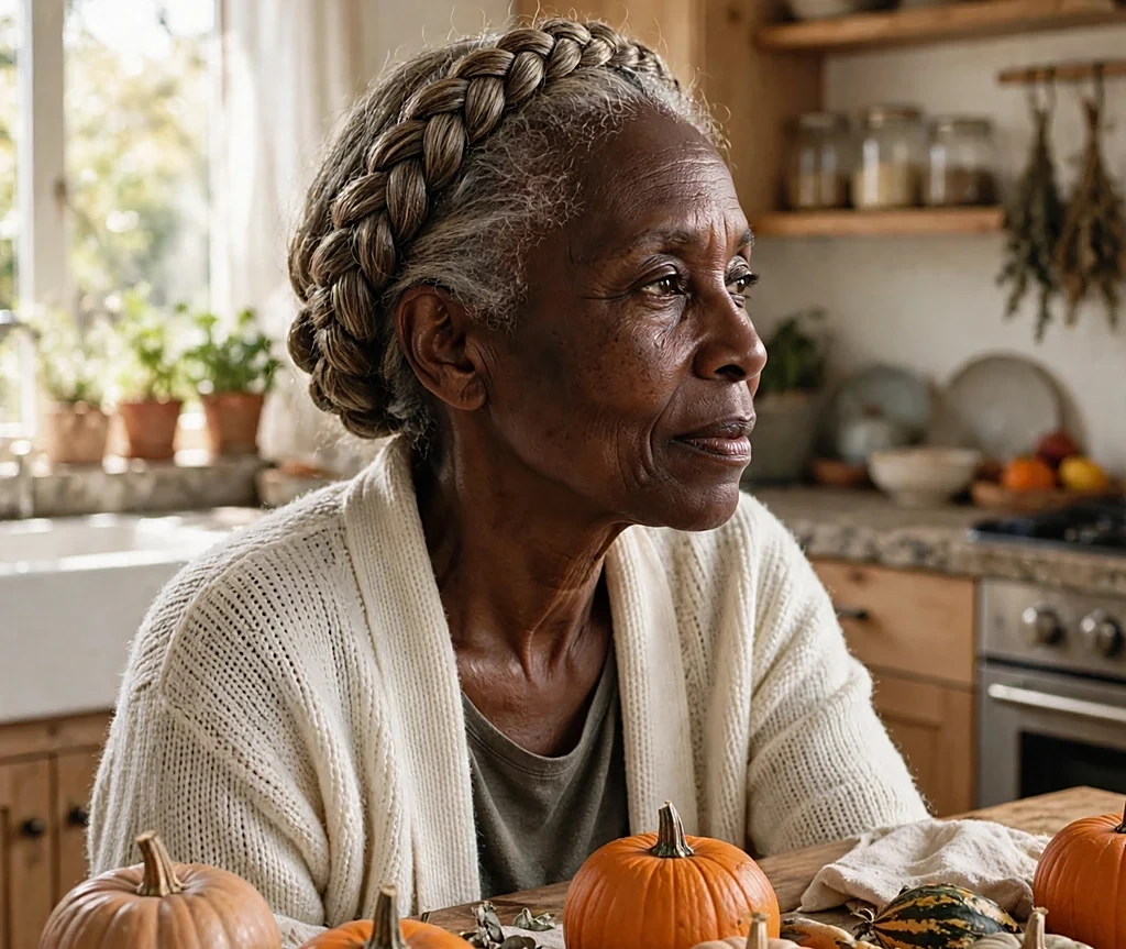 Black woman with a toasted halo braid, wearing an ivory cardigan in a sunlit kitchen with pumpkins
