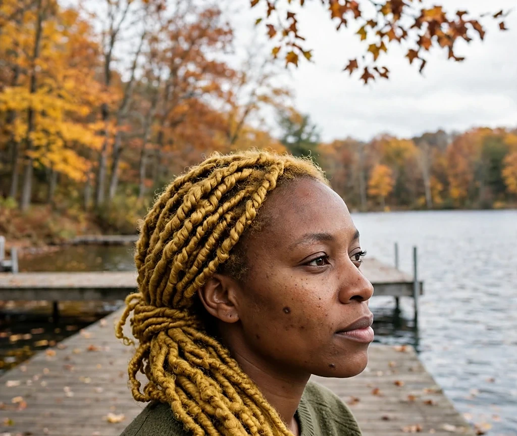 Black woman with goldenrod Senegalese twists swept to one side, wearing an olive sweater on a lakeside dock