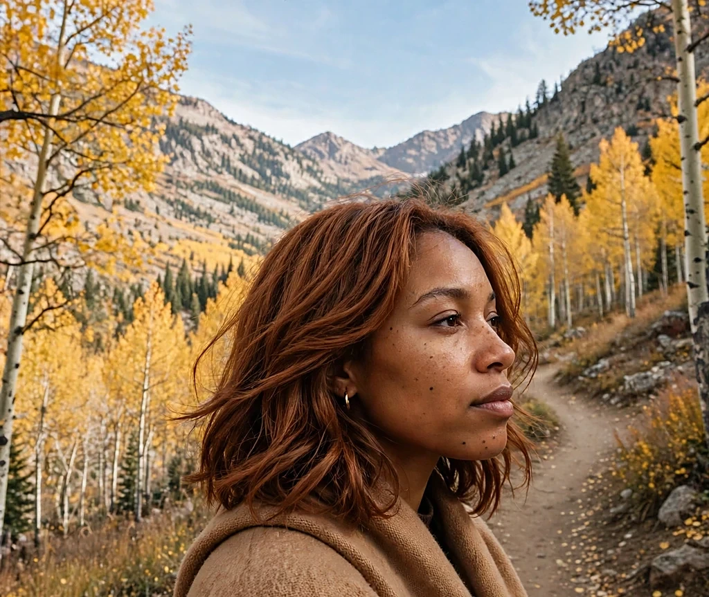 Black woman with a russet layered shoulder-length cut, wearing a camel poncho on a mountain trail with golden aspens