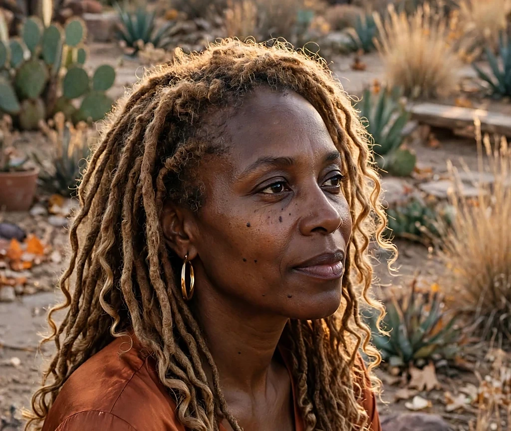 Black woman with butterscotch goddess locs with curly ends and gold hoops, wearing a rust silk top in a golden desert garden