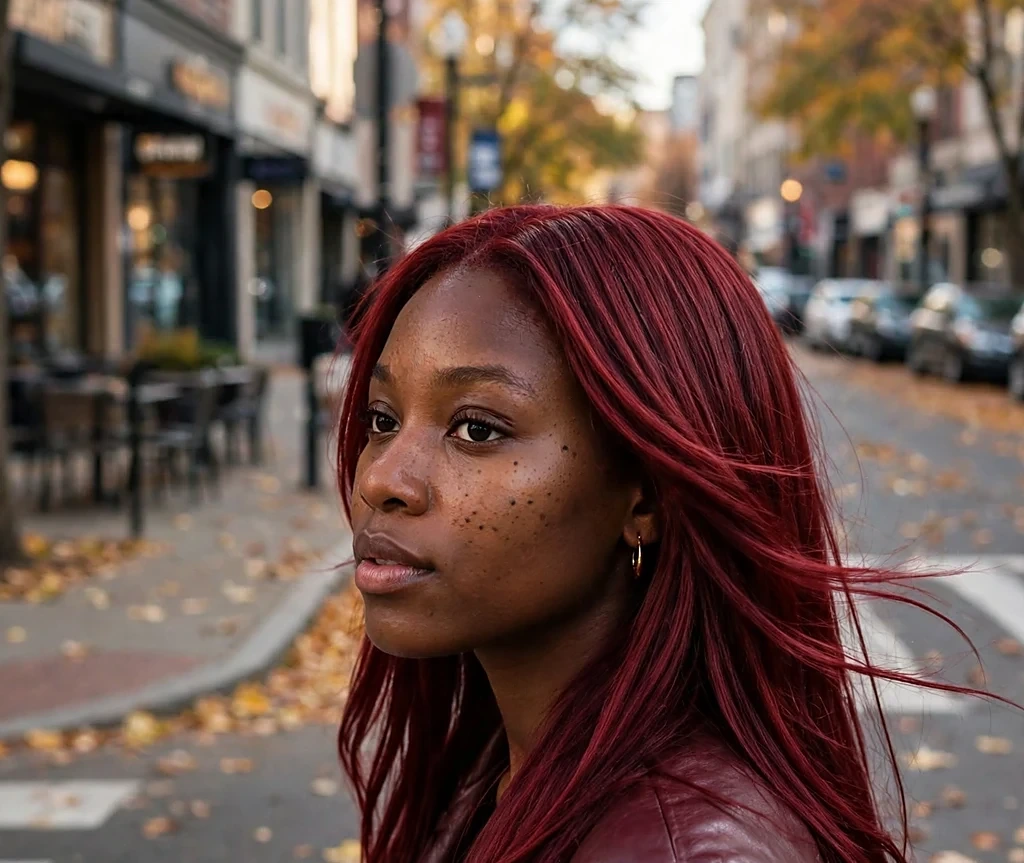 Black woman with wine-red straight layered hair, wearing a burgundy leather jacket on a leaf-strewn downtown street