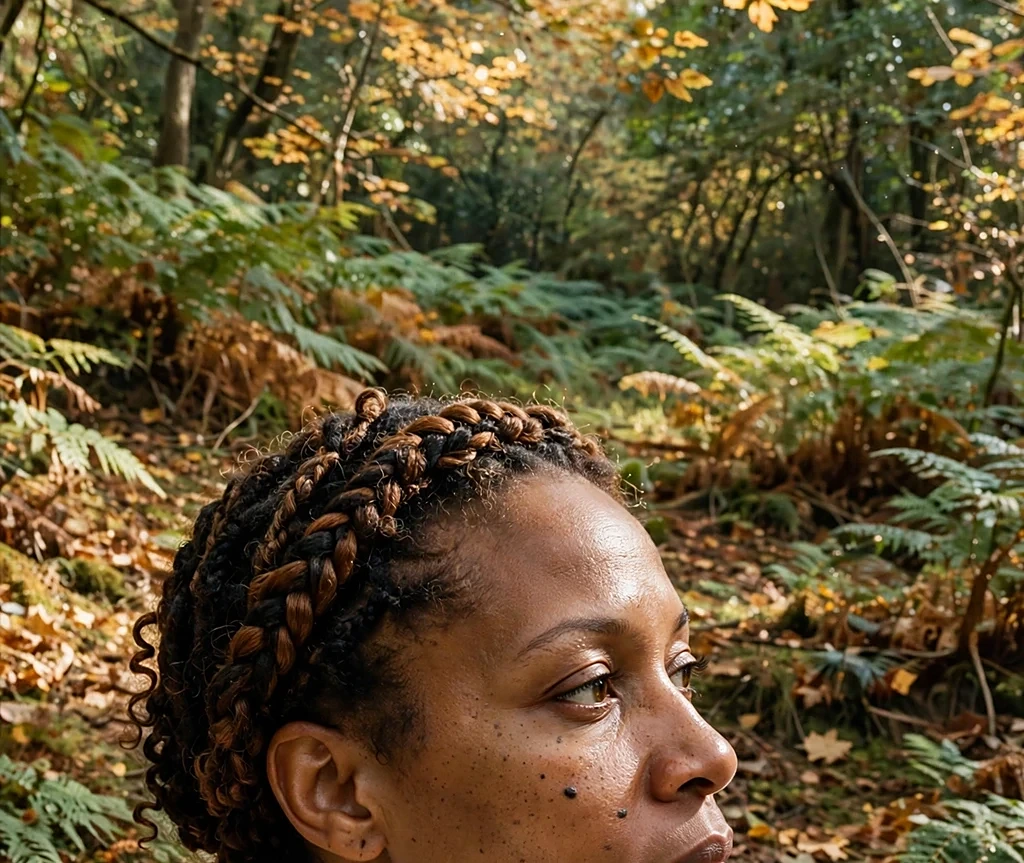 Black woman with an acorn-brown braided crown, wearing a cream knit sweater in a forest clearing with fall leaves
