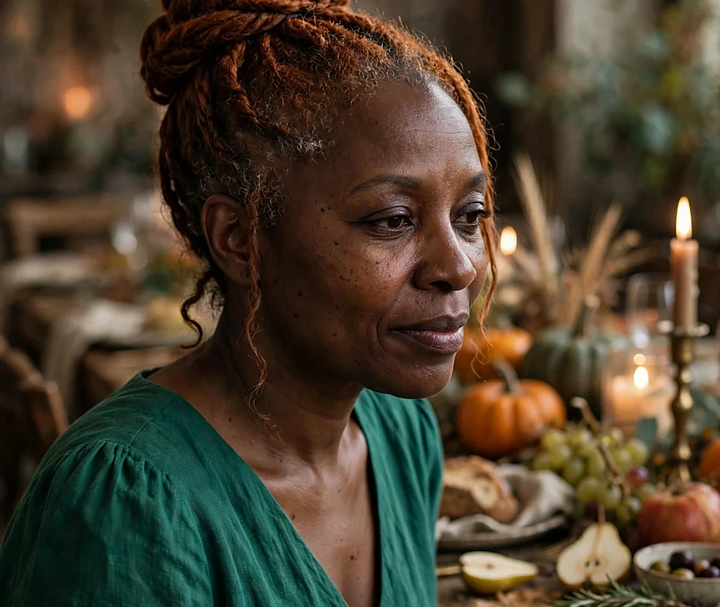 Black woman with an elegant spiced-apple-toned twisted updo, wearing an emerald dress at a candlelit harvest dinner