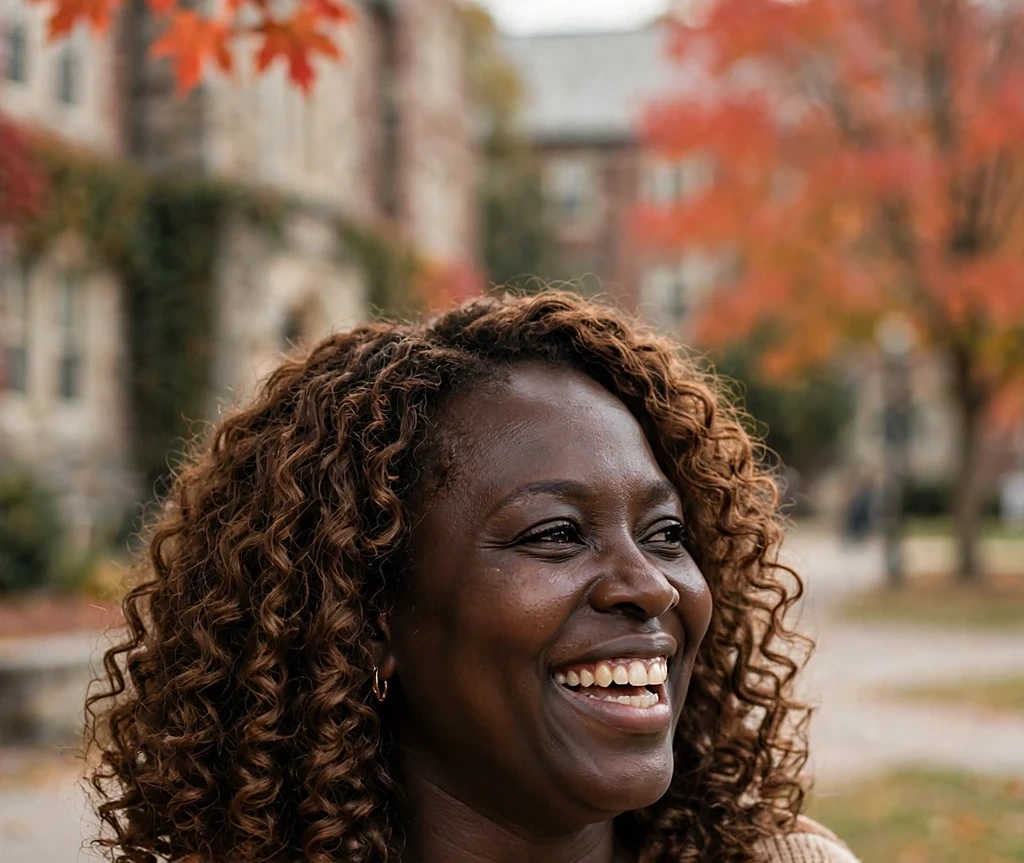 Black woman with nutmeg bouncy shoulder-length curls, wearing a striped autumn sweater on a college campus with red maples