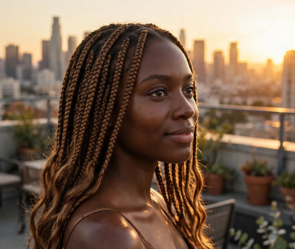 Black woman with long bronze goddess braids with wavy ends, wearing a bronze satin top on a rooftop at sunset