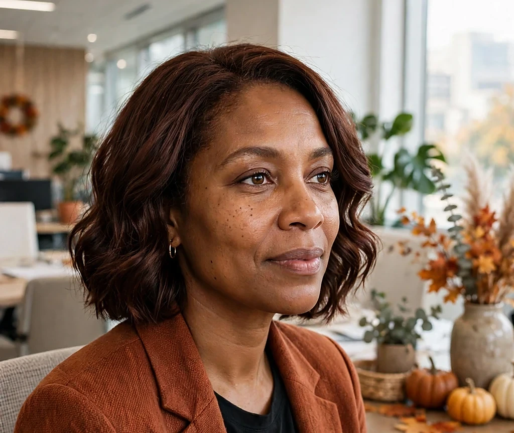 Black woman with a mahogany lace-front bob with soft waves, wearing a rust blazer in a bright office