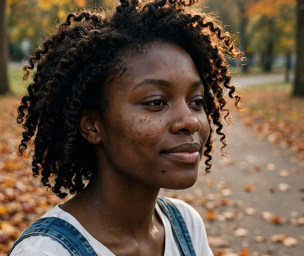 Black woman with defined wash-and-go coils catching light, wearing denim overalls on a park path with falling leaves
