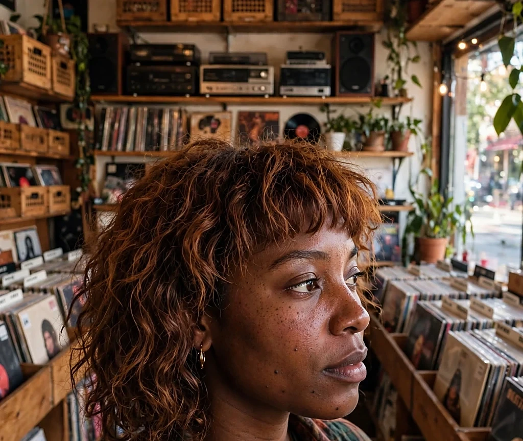 Black woman with an ember-toned curly shag with bangs, wearing a band tee and flannel in a record shop