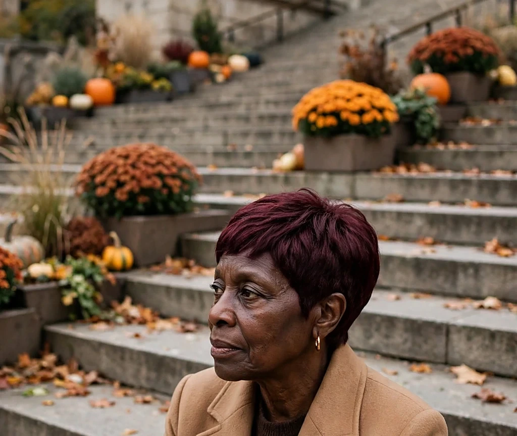 Black woman with a chic tapered burgundy pixie, wearing a tailored camel coat on museum steps