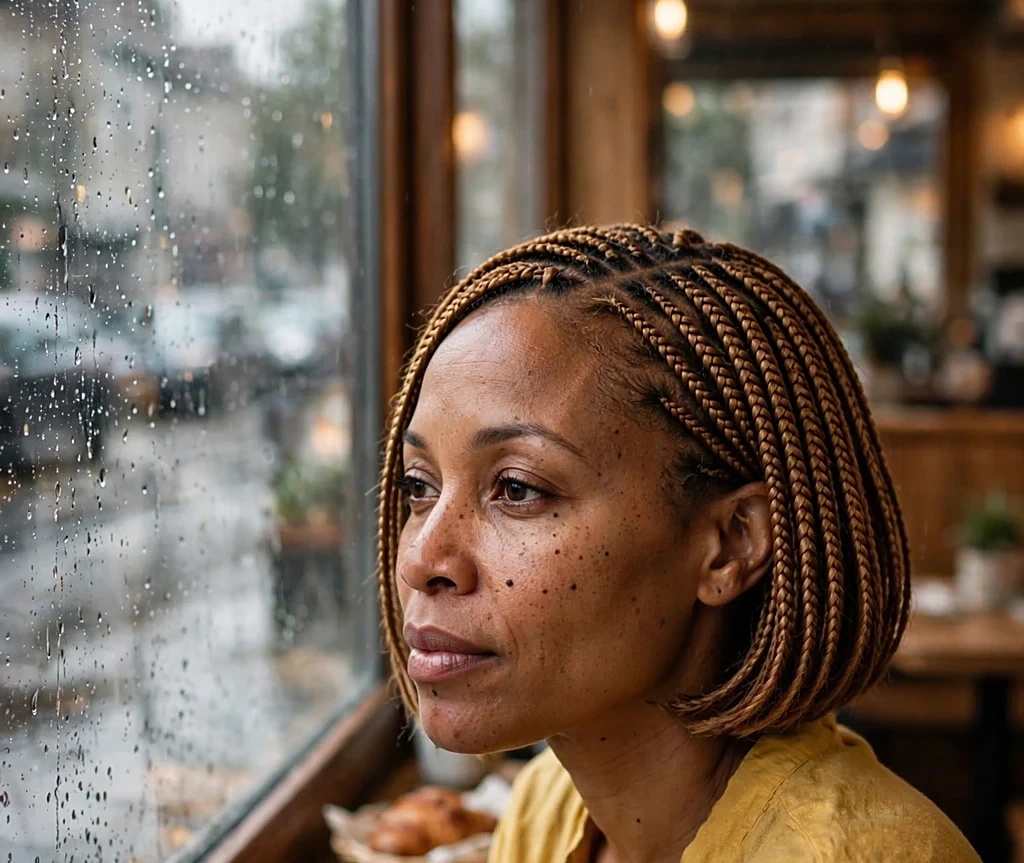 Black woman with a caramel knotless braided bob, wearing a mustard blouse in a cafe window seat