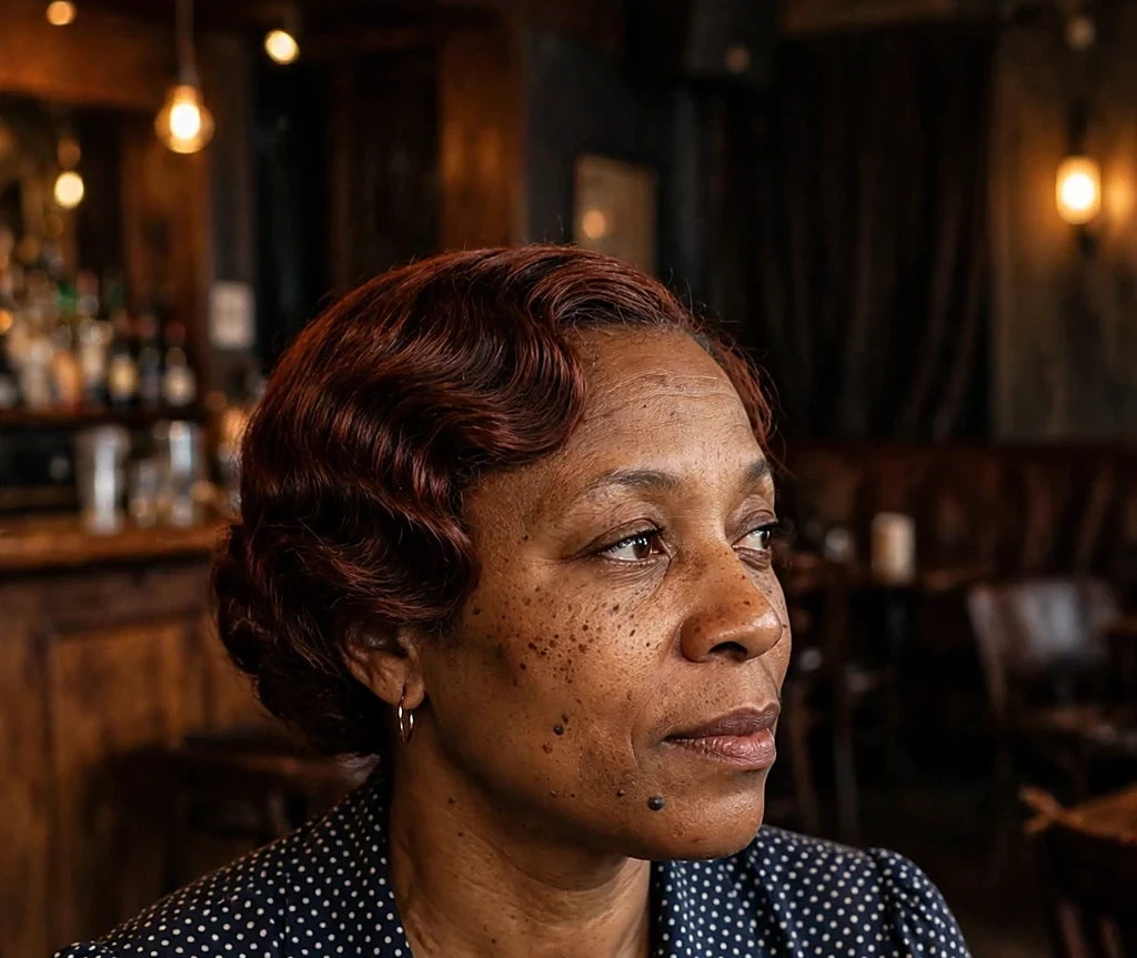 Black woman with sculpted warm maroon finger waves, wearing a vintage polka dot dress in a jazz club