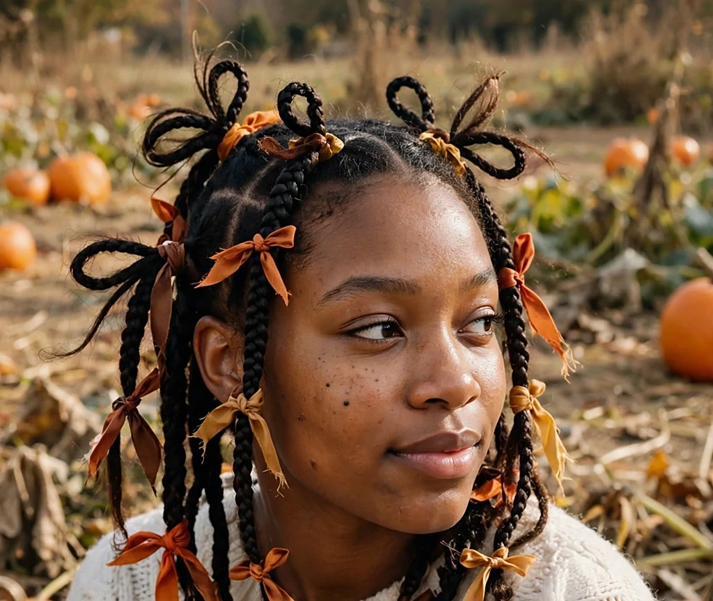 Black woman with distressed butterfly braids tied with autumn ribbons, wearing a cream sweater in a pumpkin patch