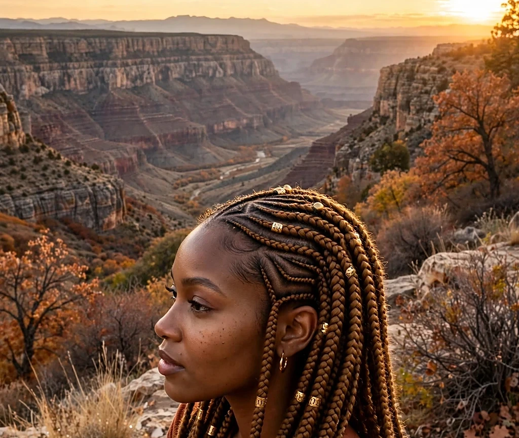 Black woman with honeyed Fulani twists adorned with gold beads, wearing a terracotta top at a canyon sunset