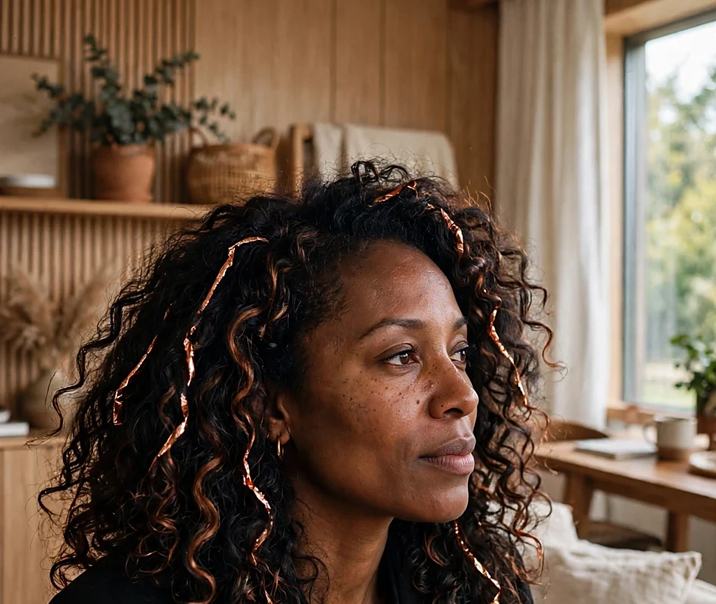 Black woman with dark curls ribboned with copper foil highlights, wearing a black blazer in a warm wood-toned interior
