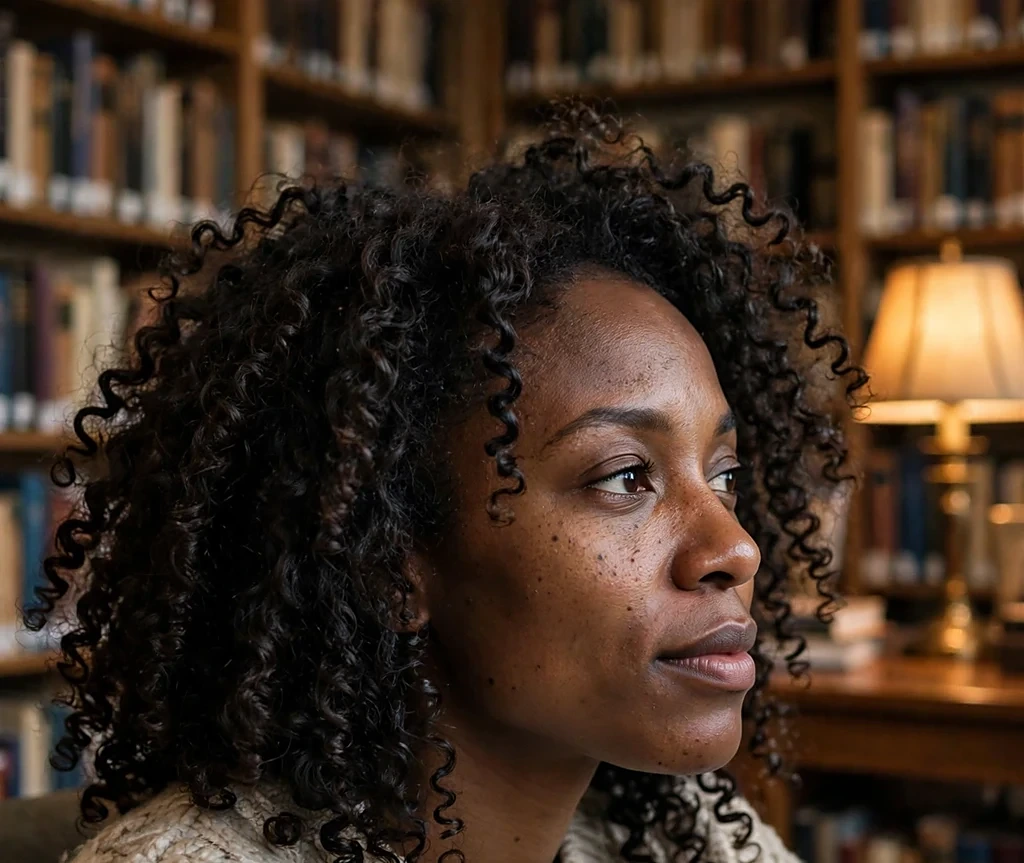Black woman with springy flexi-rod curls, wearing a chunky oatmeal cable-knit sweater in a cozy library