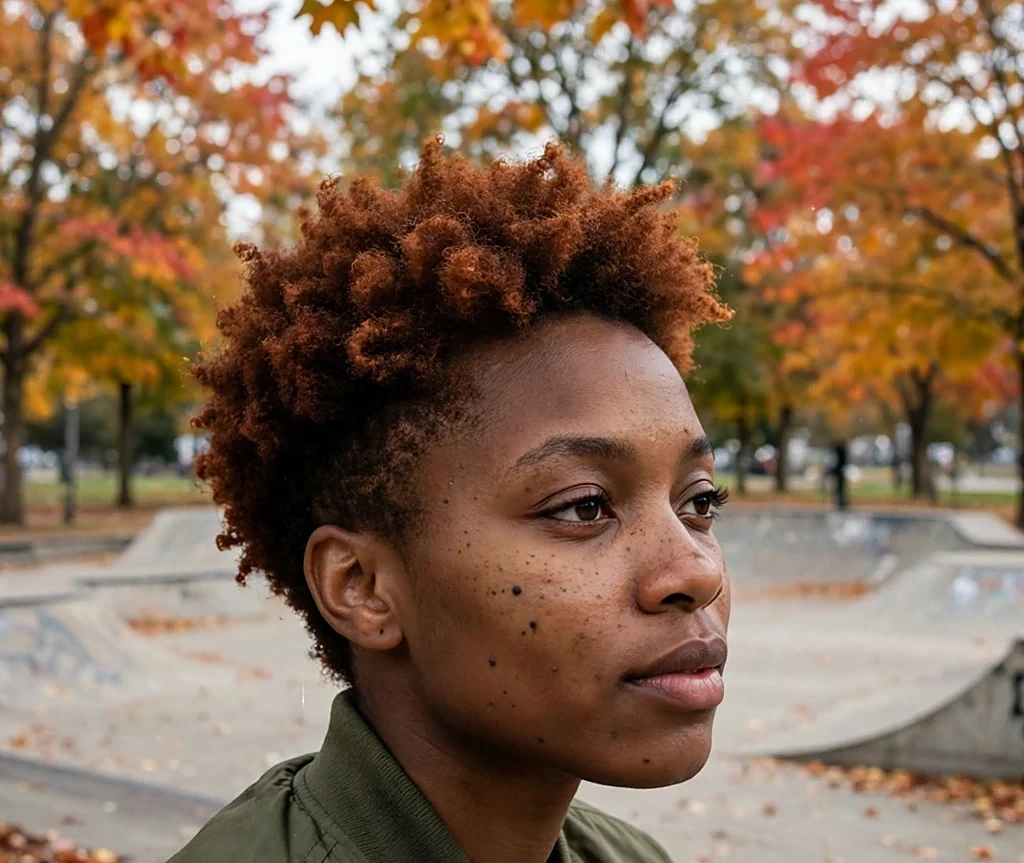 Black woman with a rust-dyed tapered afro, wearing an olive bomber jacket at a skate park with fall trees