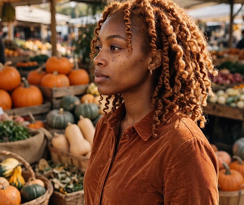 Black woman with ginger kinky twists, wearing a rust corduroy dress at a farmers market