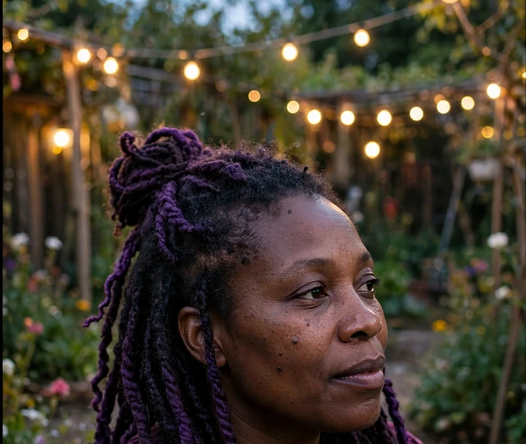 Black woman with plum Marley twists in a half-up style, wearing a plum velvet top in an evening garden
