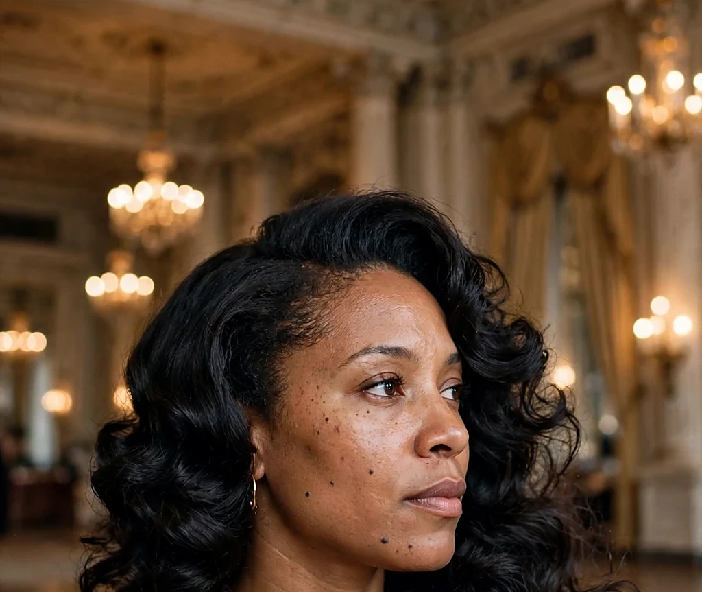 Black woman with voluminous side-swept curls, wearing a burgundy evening gown in a grand chandelier-lit hall