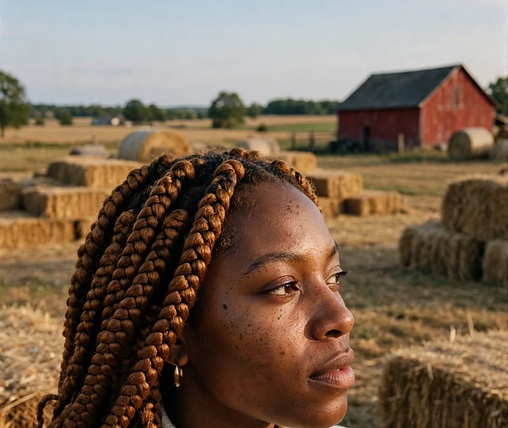 Black woman with chunky harvest-toned box braids, wearing a cream turtleneck on a farm with hay bales