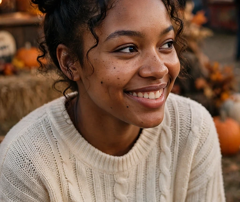 Black woman with cinnamon-roll swirl space buns, wearing a plaid skirt and cream sweater at a fall carnival