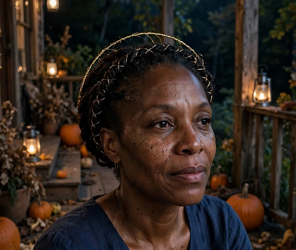 Black woman with halo twists woven with gold thread, wearing a navy dress on a moonlit porch with pumpkins