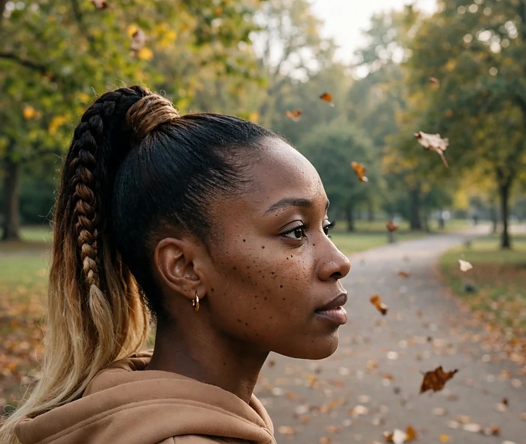 Black woman with a high braided ponytail with toasted-coconut ombre, wearing a camel hoodie on a morning park path