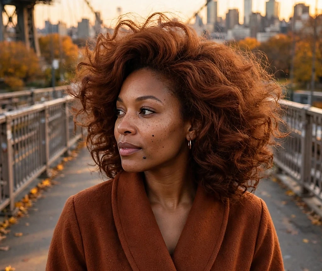 Black woman with an auburn voluminous blowout, wearing a rust wrap coat on a city bridge